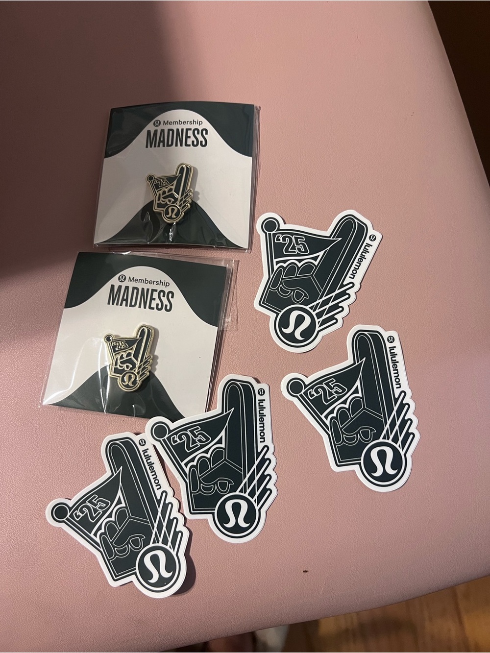 Lululemon Membership Madness Enamel Pin - Black and Gold and stickers